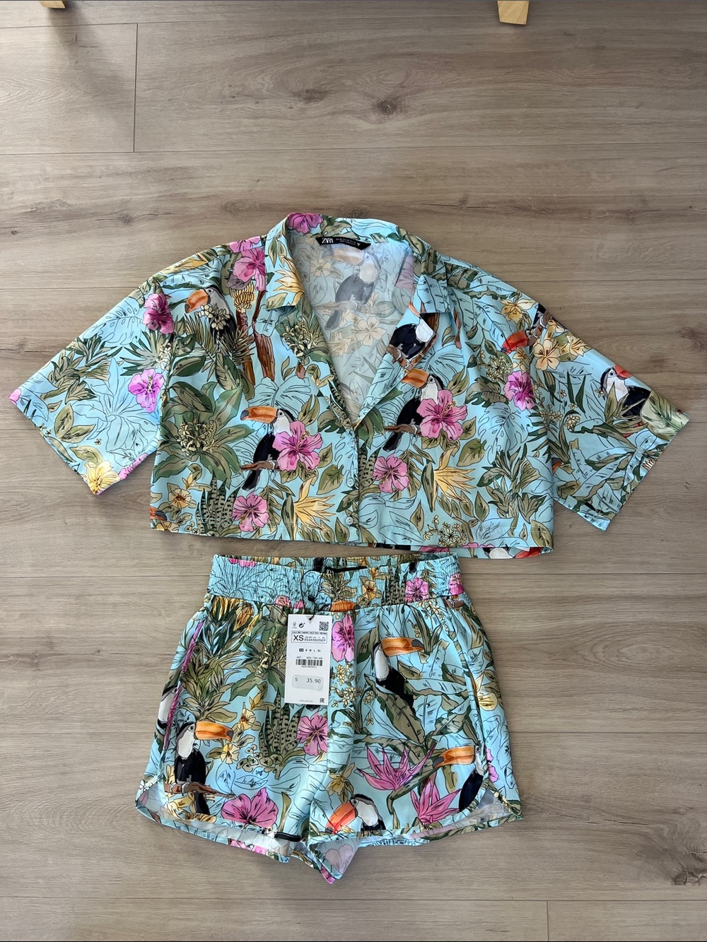 Zara tropical Floral Toucan Button-Up Top pajama or loungewear set NWT lgt Blue